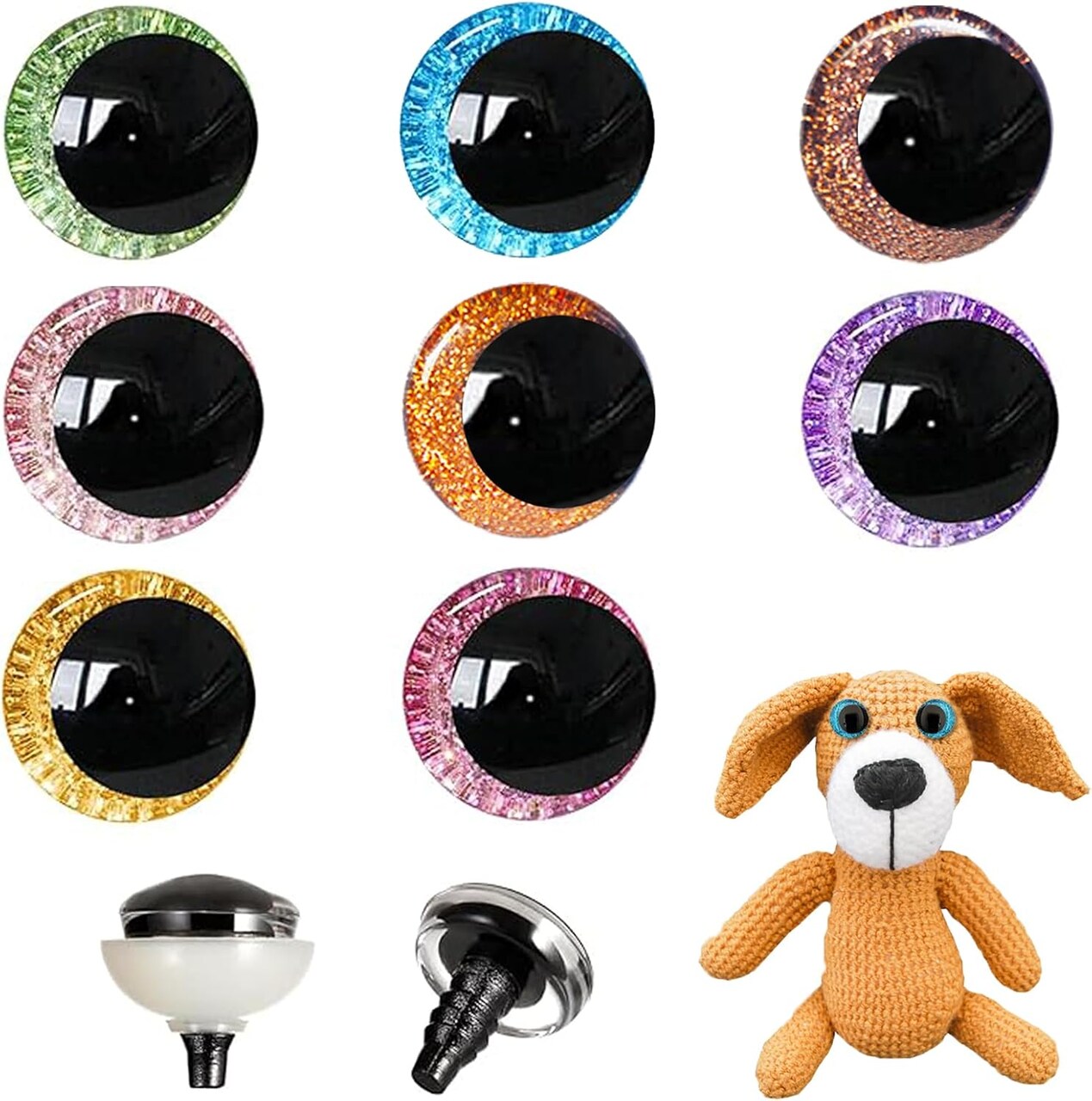 64 Pcs 30mm Glitter Safety Eyes – 3D Craft Eyes for Amigurumi, Plush Dolls, and DIY Toys (8 Colors)